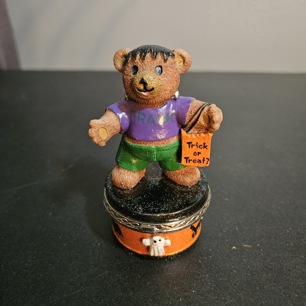 Vintage 1999 Claire's Halloween Frankenstein Teddy Bear resin trinket box